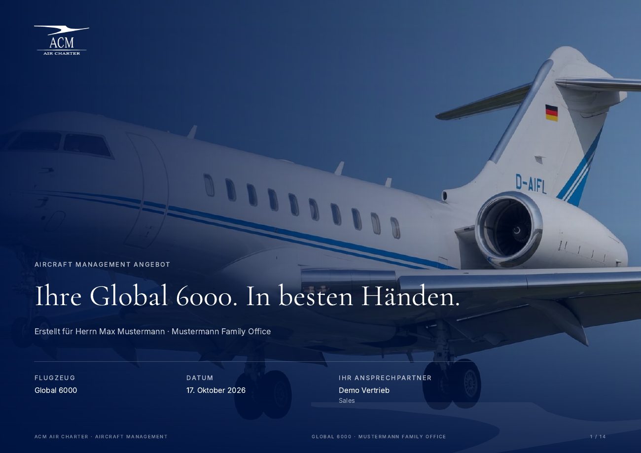 Titelseite eines Beispielangebots aus dem ACM Proposal Studio: „Ihre Global 6000. In besten Händen.“, erstellt für ein erfundenes Family Office