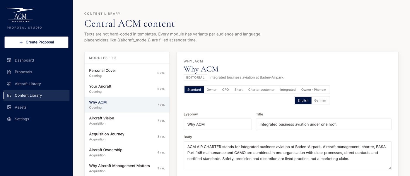 Textbibliothek im ACM Proposal Studio: Module mit der Zahl ihrer Varianten, daneben das Modul Why ACM mit Varianten für Owner, CFO und Kurzfassung, in Englisch und Deutsch