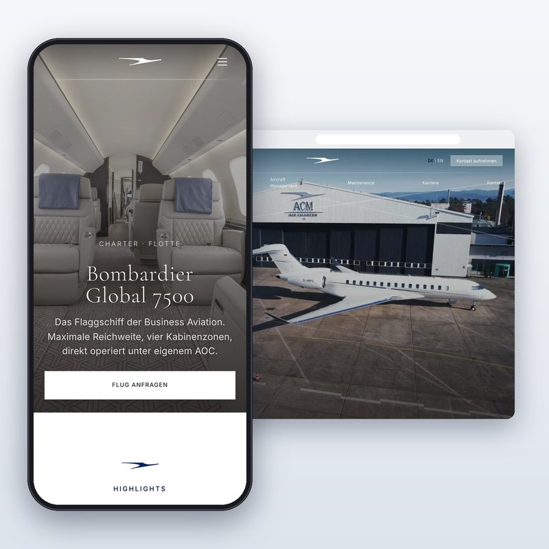 Die neue Website acm.aero: am Handy die Flottenseite der Bombardier Global 7500 mit Blick in die Kabine, dahinter am Rechner die Startseite mit einer Global 7500 vor dem Hangar von ACM