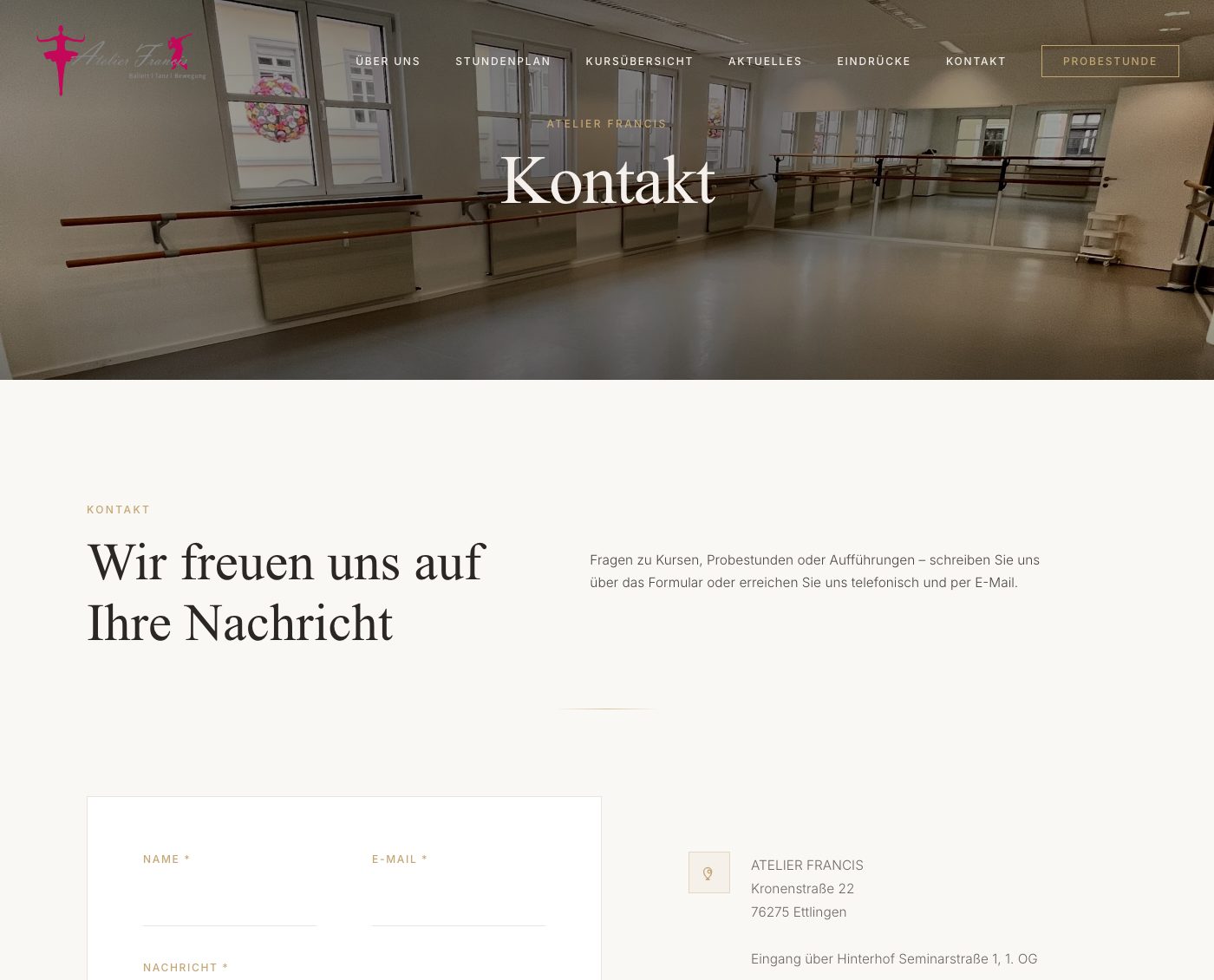 Kontaktseite von Atelier Francis mit leerem Formular und der Adresse Kronenstraße 22 in Ettlingen, Eingang über den Hinterhof Seminarstraße 1
