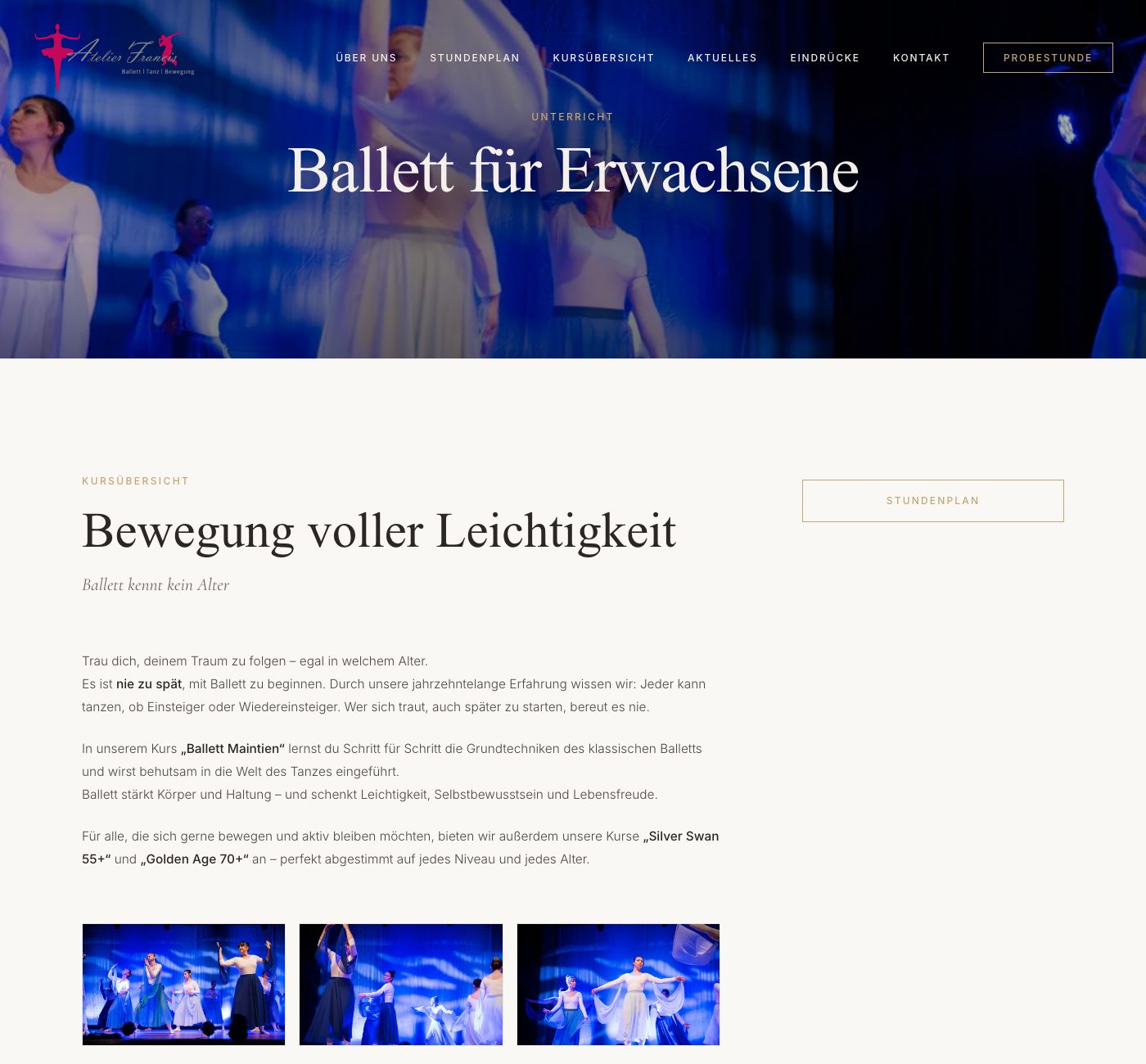 Kursseite Ballett für Erwachsene mit der Überschrift „Bewegung voller Leichtigkeit“ und Bildern von der Bühne