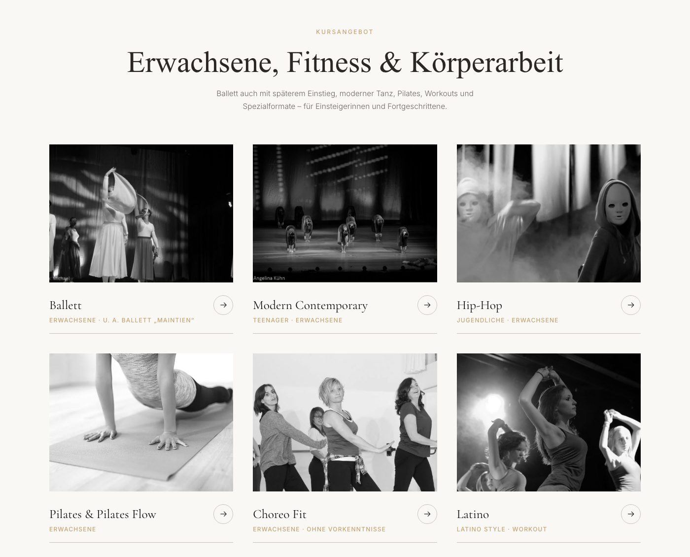 Kursübersicht von Atelier Francis, Abschnitt Erwachsene, Fitness und Körperarbeit mit sechs Kursen von Ballett bis Latino