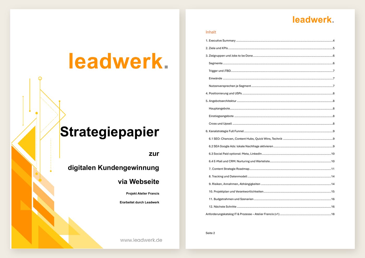 Titelseite und Inhaltsverzeichnis des Strategiepapiers zur digitalen Kundengewinnung via Webseite, Projekt Atelier Francis, erarbeitet durch Leadwerk