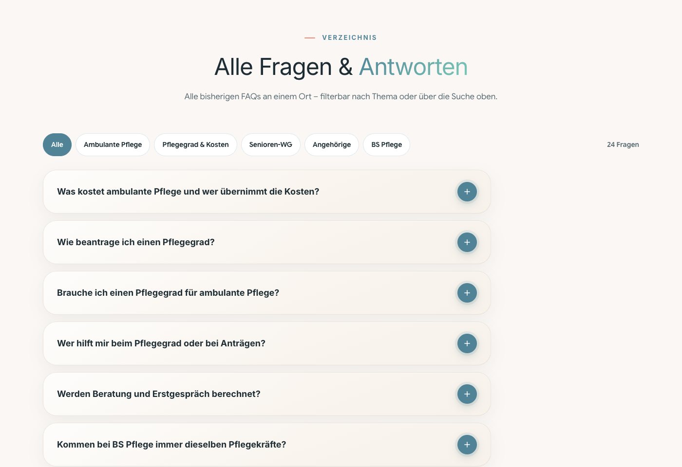 Verzeichnis „Alle Fragen & Antworten“ am Rechner mit Filtern nach Thema und dem Hinweis 24 Fragen