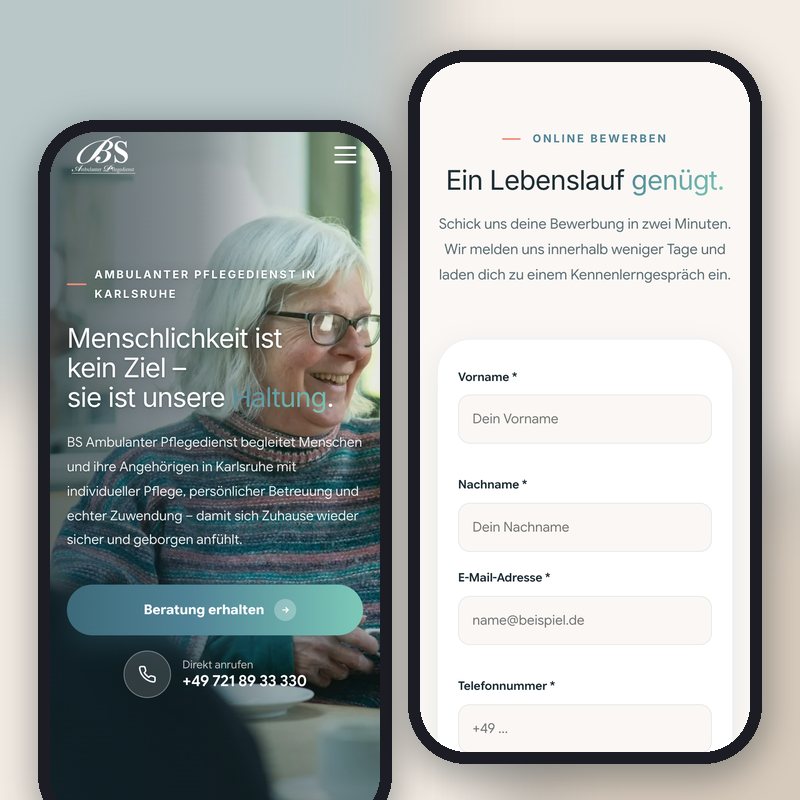 Zwei Handys: links die Startseite von BS Pflege mit dem Knopf „Beratung erhalten“ und der Telefonnummer, rechts das Bewerbungsformular unter „Ein Lebenslauf genügt.“