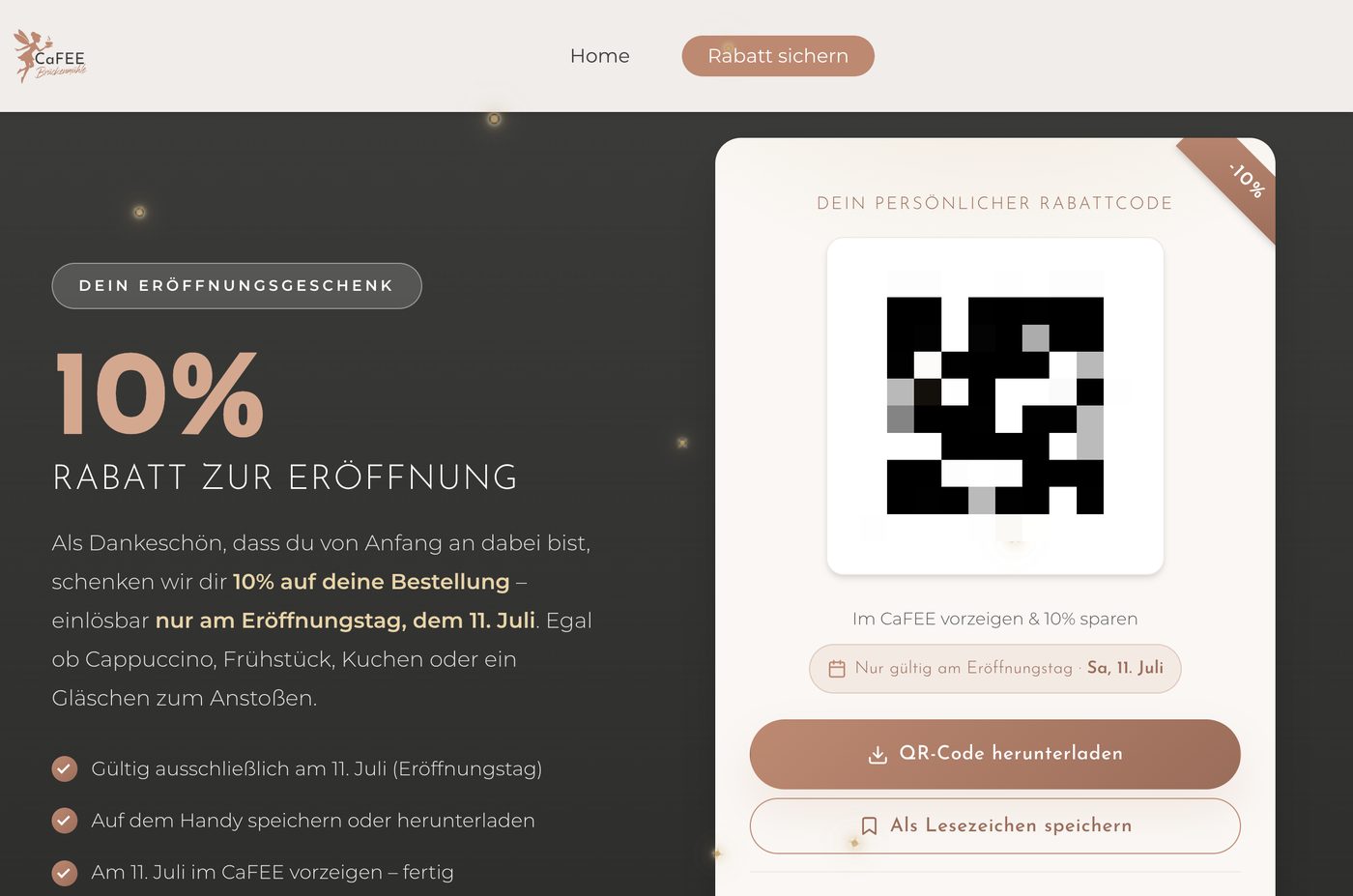 Gutschein über 10 Prozent für den Eröffnungstag mit Knöpfen zum Herunterladen und als Lesezeichen, QR-Code unkenntlich gemacht