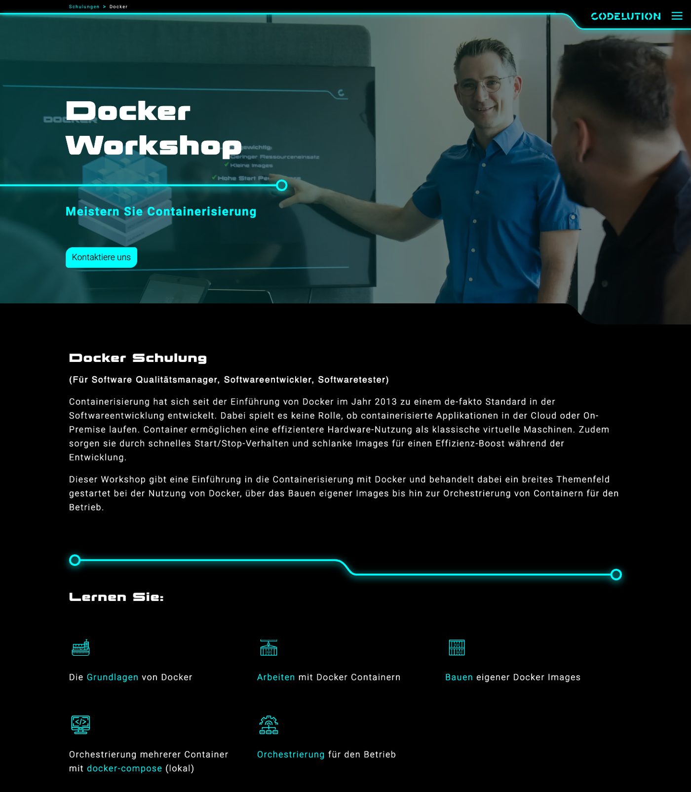 Neue Seite der Docker-Schulung: Foto aus dem Workshop mit Knopf Kontaktiere uns, darunter derselbe Einleitungstext, die Lernziele mit Icons und die Referenzen