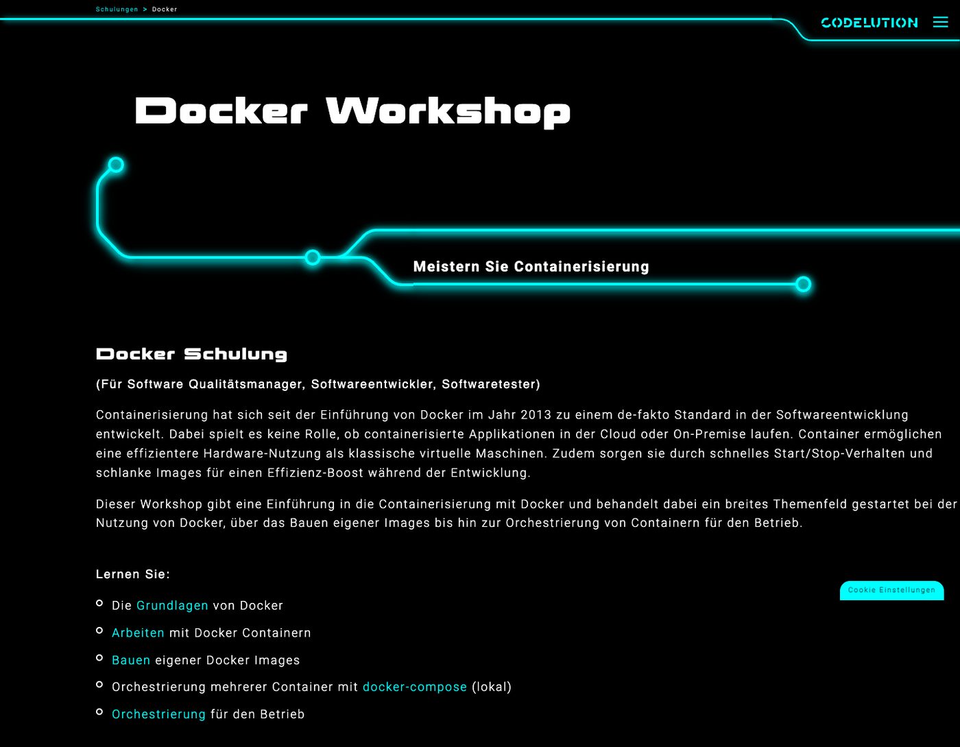 Alte Seite der Docker-Schulung: Überschrift Docker Workshop auf schwarzem Grund, darunter Einleitungstext und die Lernziele als Liste