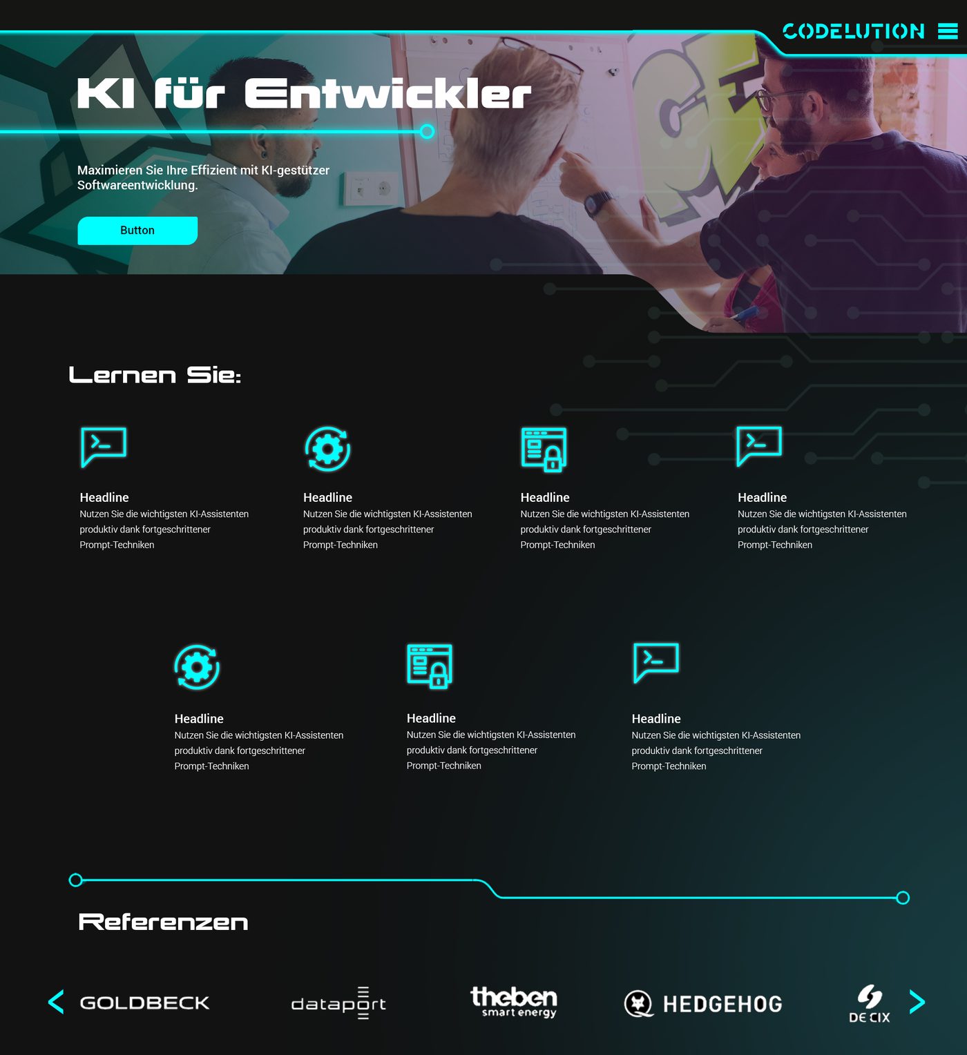 Letzter Entwurf der Schulungsseite KI für Entwickler mit Kopfbild, Lernzielen als Icon-Raster mit Platzhaltertexten und Referenzleiste
