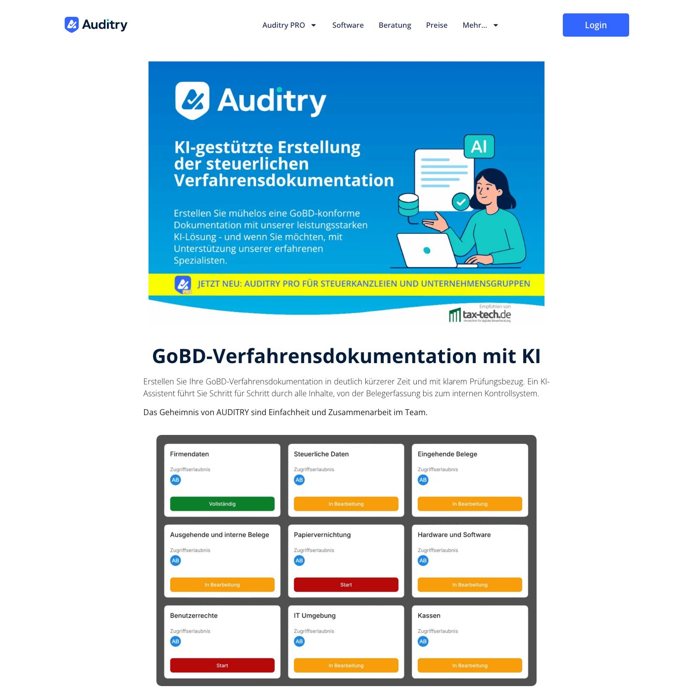 Startseite von Auditry: Banner zur Erstellung der steuerlichen Verfahrensdokumentation, darunter die Überschrift GoBD-Verfahrensdokumentation und eine Übersicht der Themen von Firmendaten bis Kassen mit ihrem Bearbeitungsstand