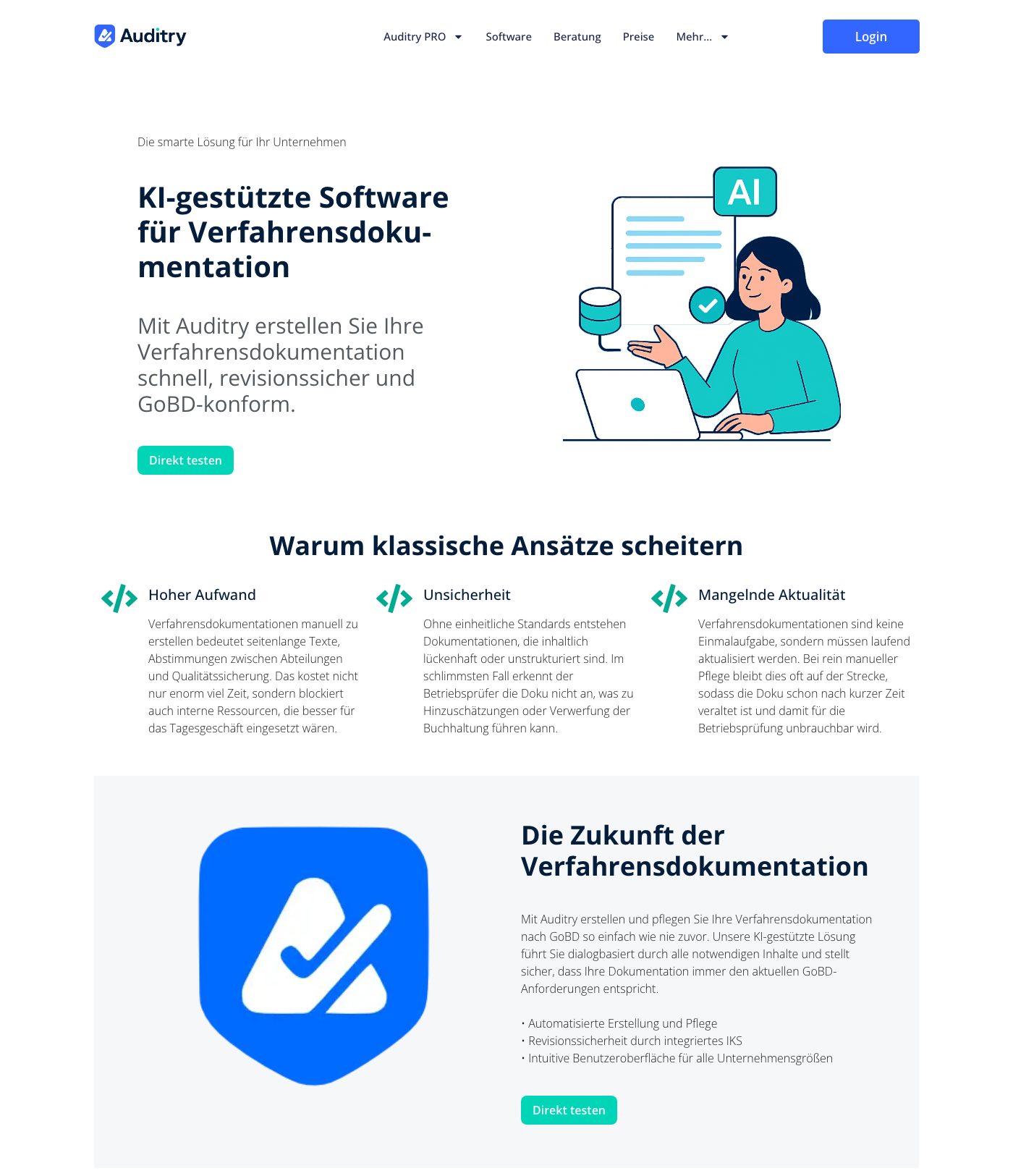 Landingpage von Auditry für die Suche nach Software: Überschrift zur Software für Verfahrensdokumentation mit Knopf Direkt testen, darunter drei Probleme klassischer Ansätze und die Lösung