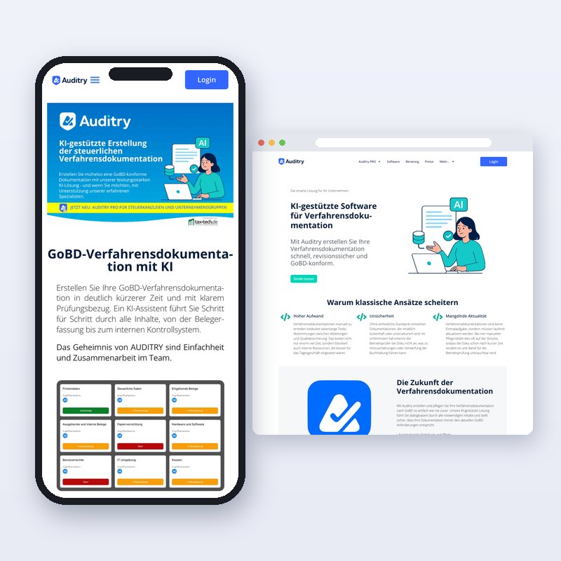 Auditry am Handy und am Rechner: links die Startseite mit der Themenübersicht der Plattform, rechts die Landingpage für die Suche nach Software