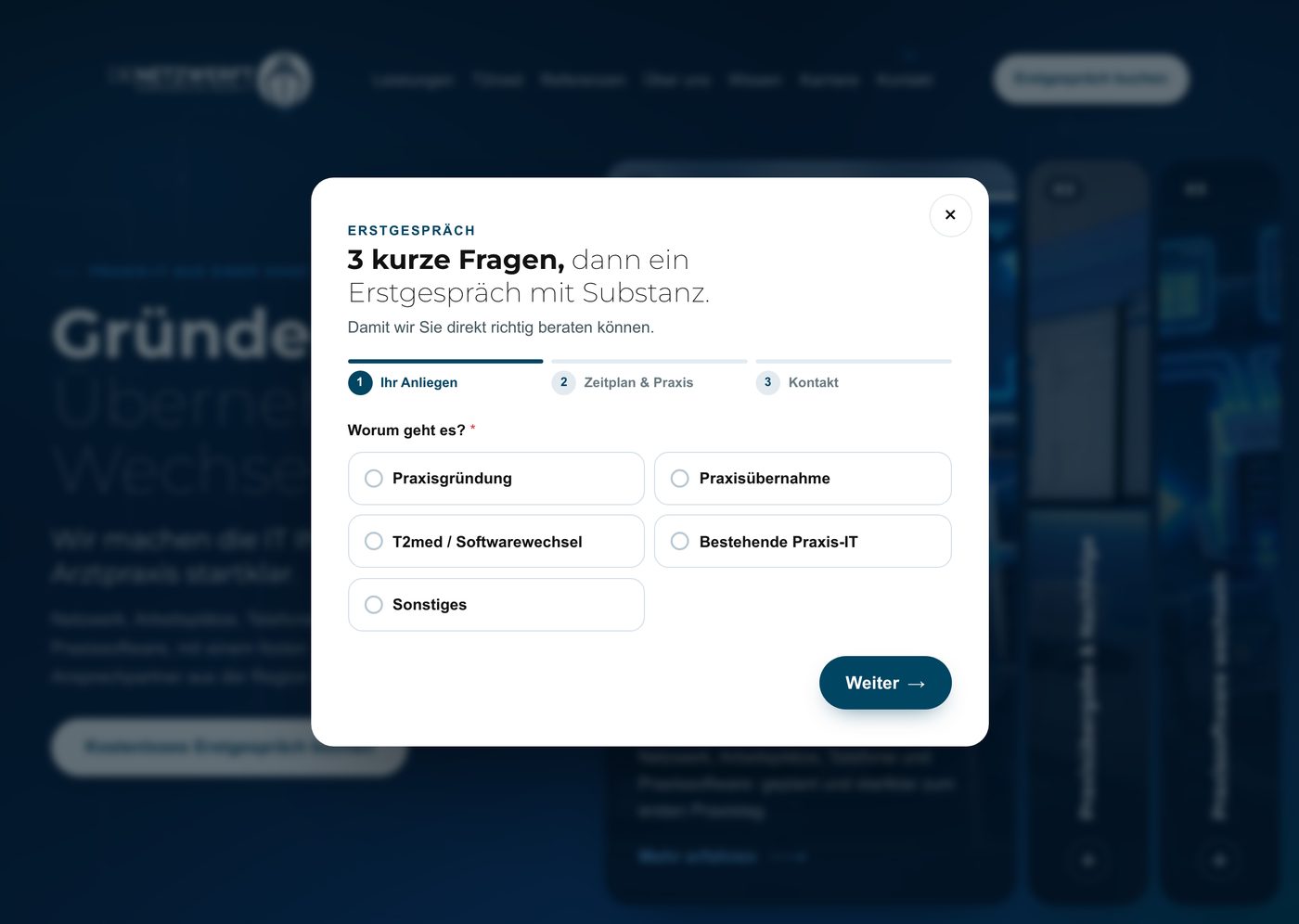 Erster Schritt des Assistenten für das Erstgespräch: Auswahl des Anliegens von Praxisgründung bis Sonstiges, ohne Eingaben