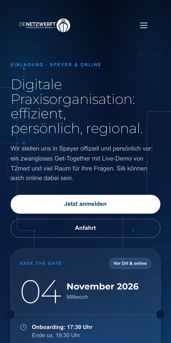 Veranstaltungsseite am Handy: Einladung nach Speyer und online zum Thema digitale Praxisorganisation