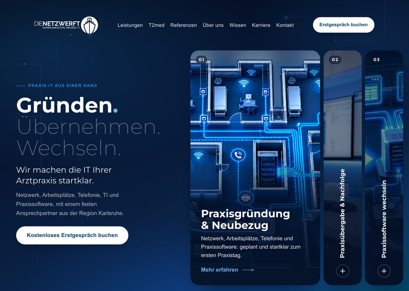 Neue Startseite mit Einstieg über Gründen, Übernehmen, Wechseln, drei Karten je Anlass und dem Button Erstgespräch buchen im Menü