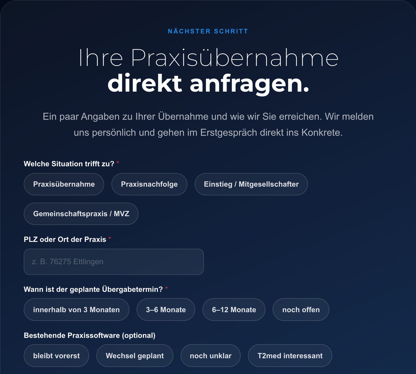 Anfrage zur Praxisübernahme mit Fragen nach Situation, Ort, Übergabetermin und Praxissoftware, leer abgebildet