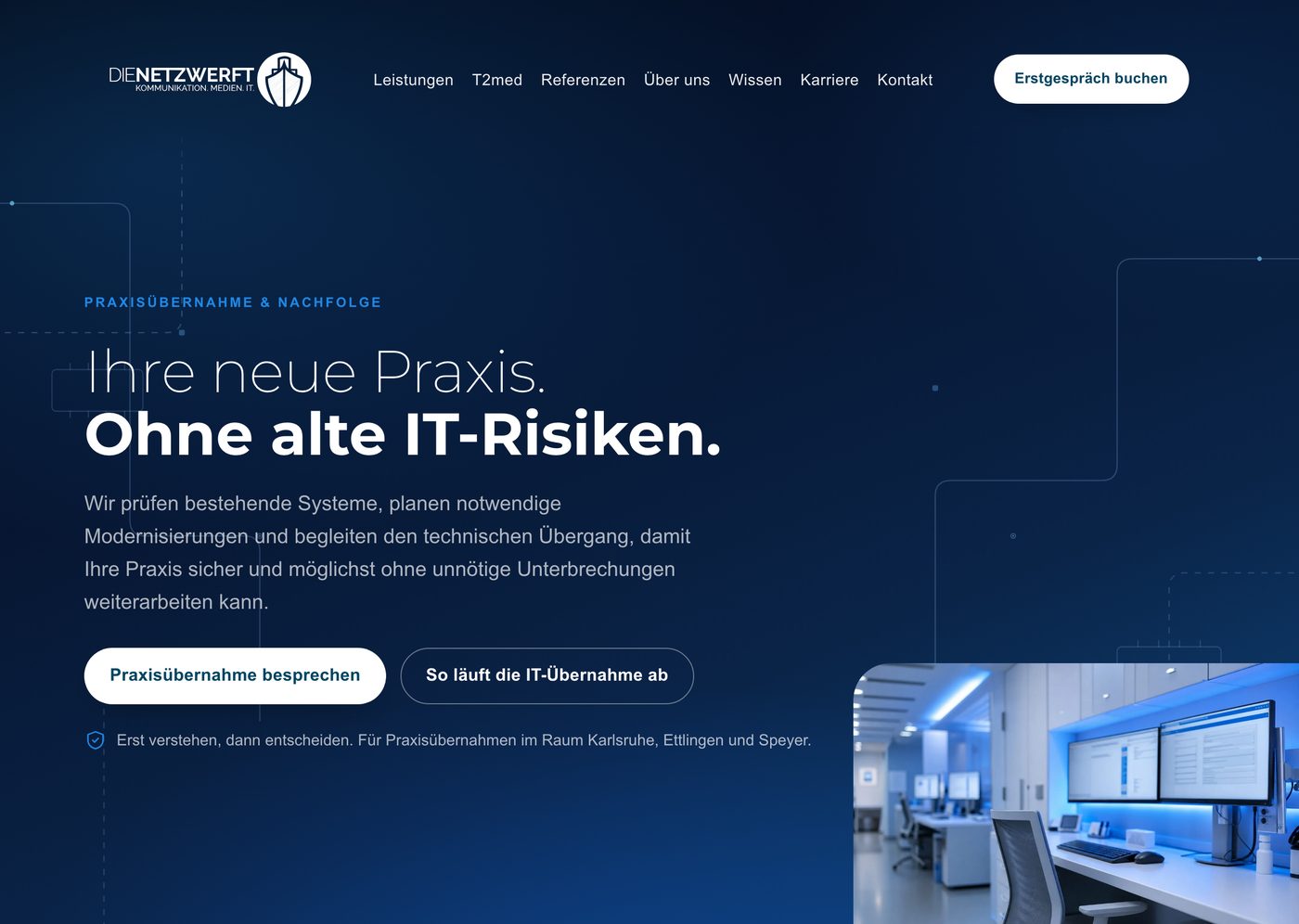 Einstieg der Seite zur Praxisübernahme: Ihre neue Praxis. Ohne alte IT-Risiken.