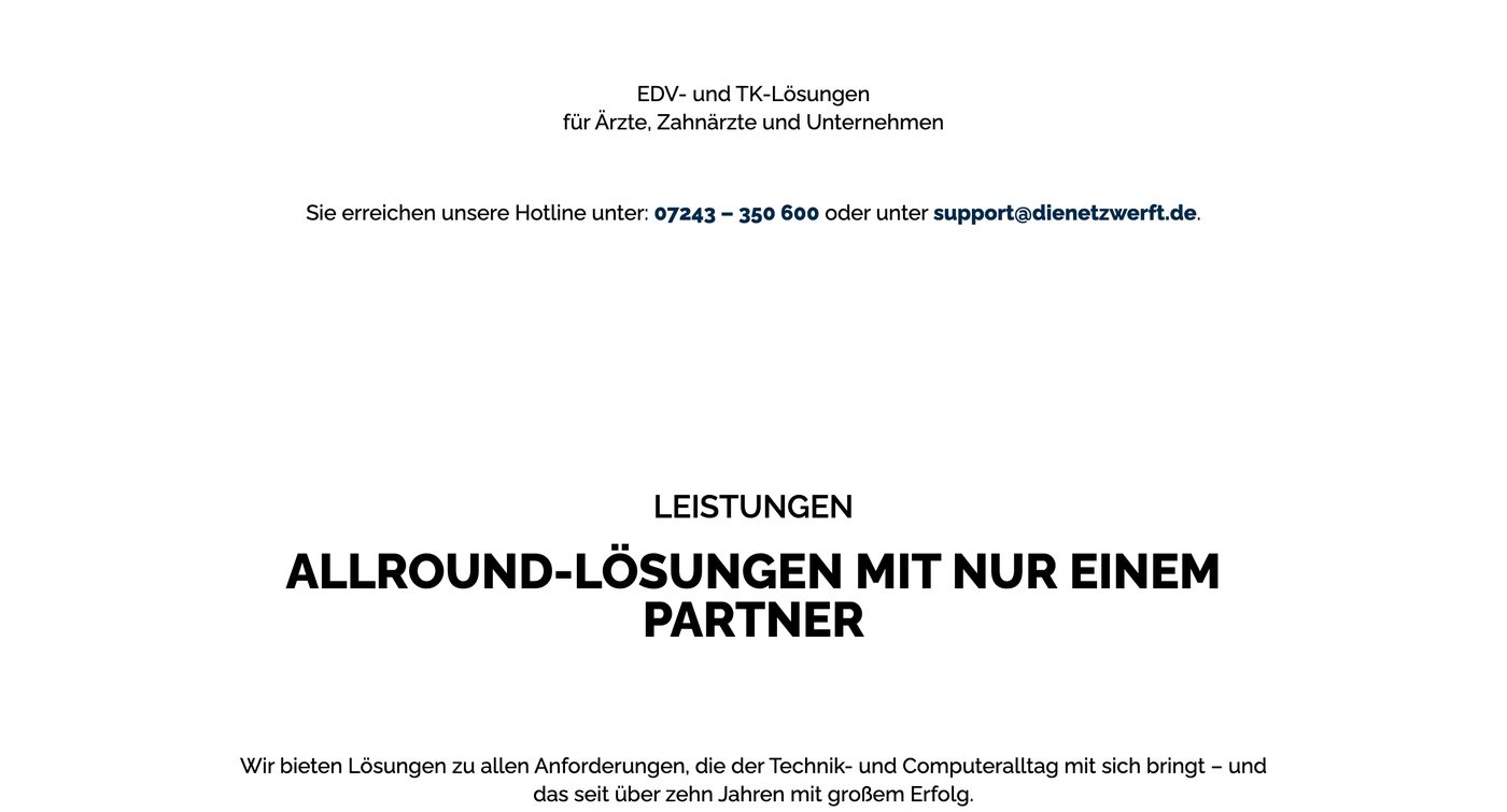 Alte Startseite der netzwerft: EDV- und TK-Lösungen für Ärzte, Zahnärzte und Unternehmen, darunter Leistungen und Allround-Lösungen mit nur einem Partner