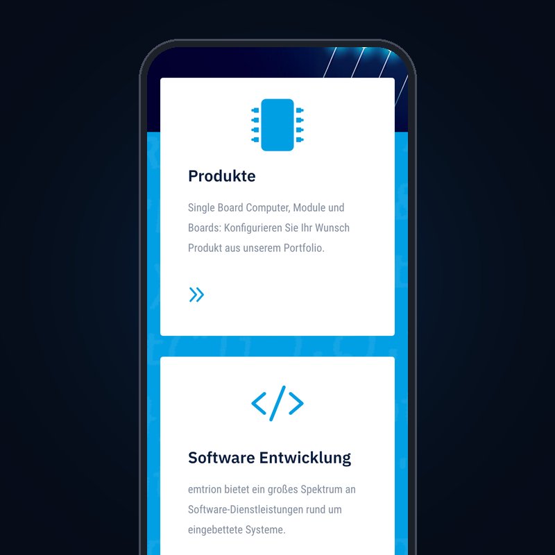 Startseite von emtrion am Handy mit den Kacheln Produkte und Software Entwicklung
