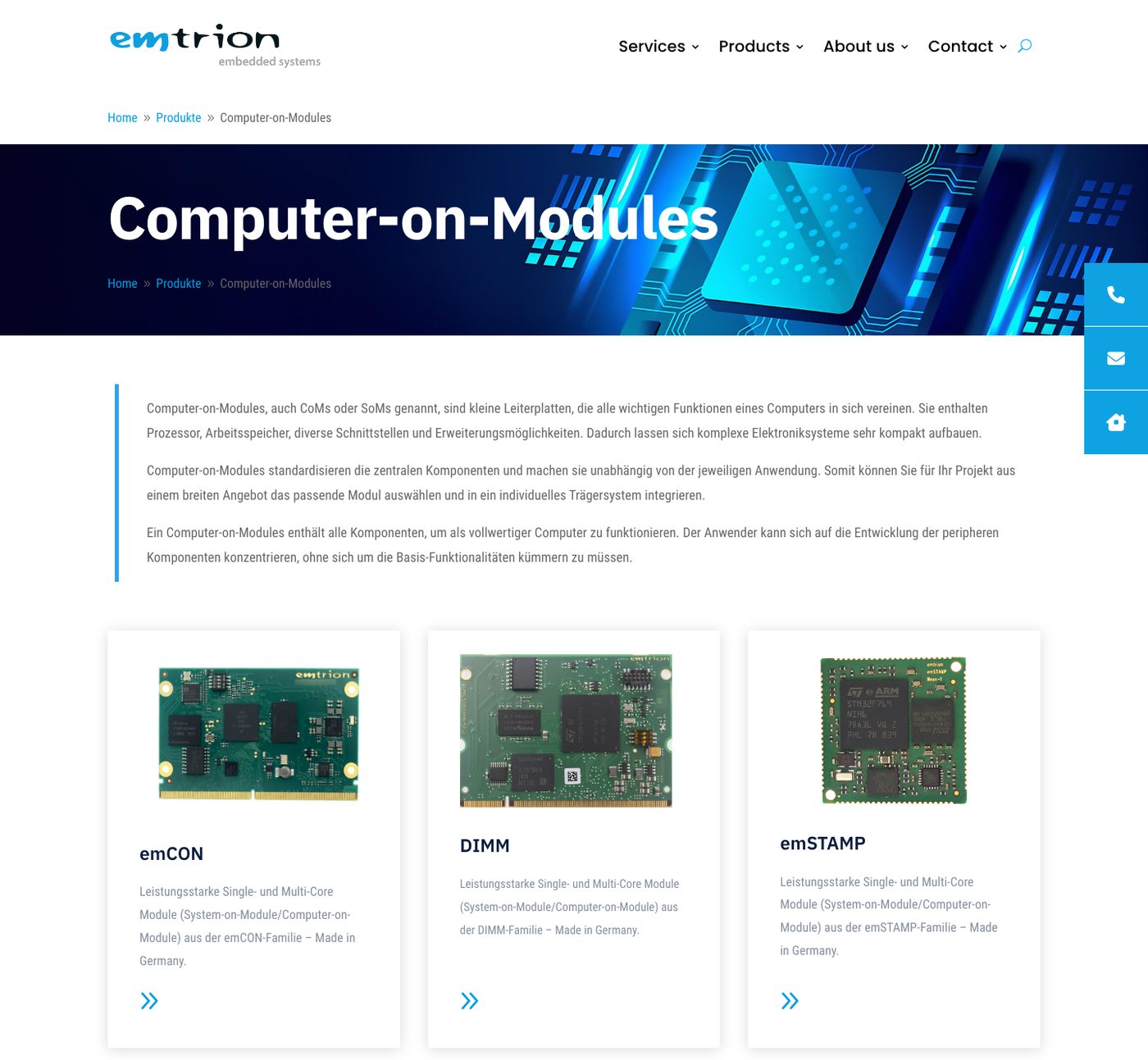 Seite Computer-on-Modules von emtrion heute: Kopfbereich mit Pfadnavigation, Einleitung und Kacheln mit Produktfotos für emCON, DIMM und emSTAMP