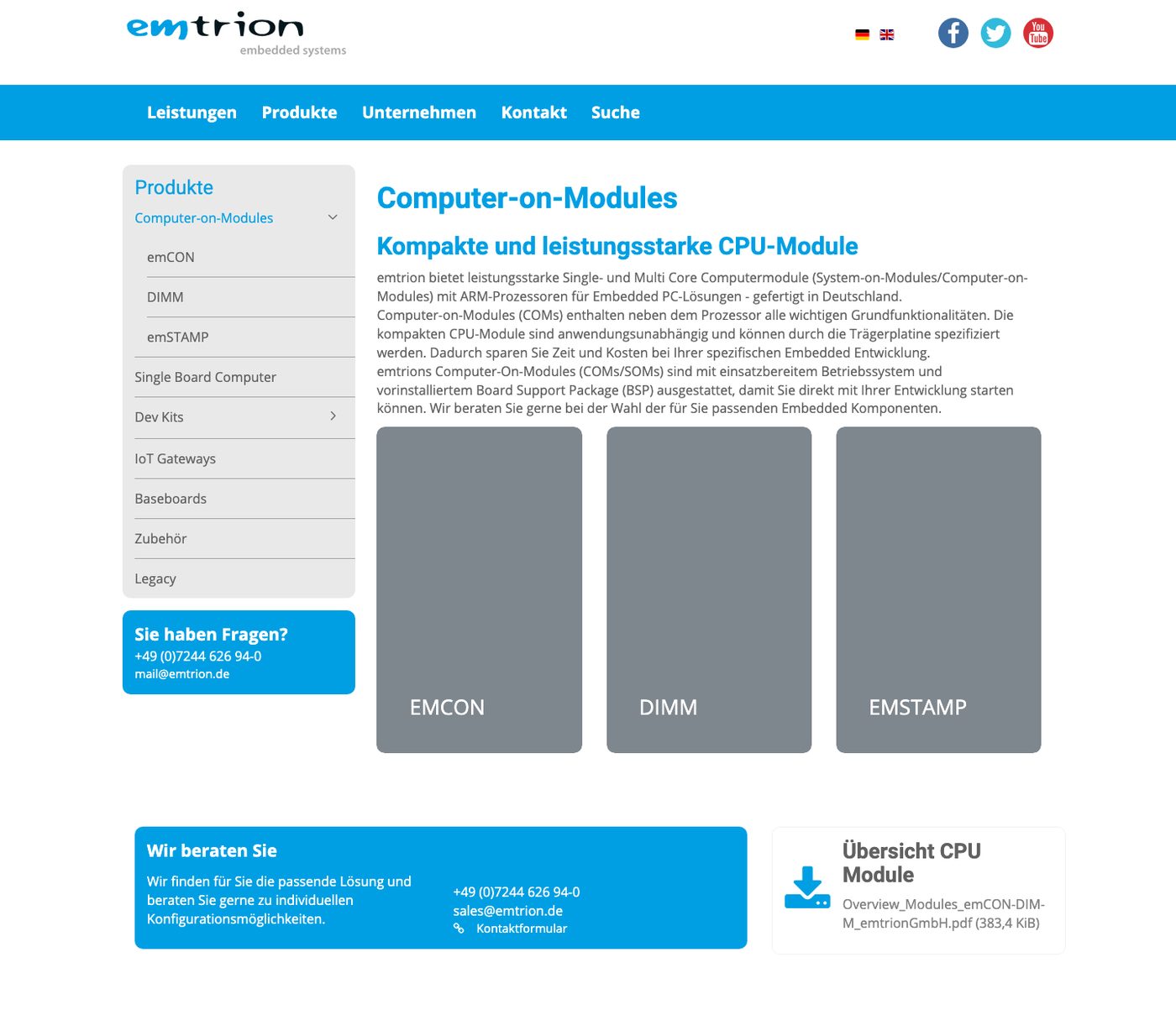 Alte Seite Computer-on-Modules von emtrion: Seitenleiste mit Produktkategorien, Text und graue Kacheln für emCON, DIMM und emSTAMP