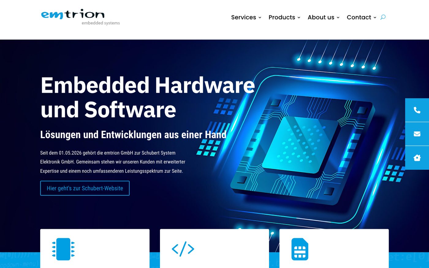 Startseite von emtrion heute: Überschrift Embedded Hardware und Software vor einer Grafik mit Prozessor, darunter Kacheln für Produkte, Software Entwicklung und Hardware Entwicklung