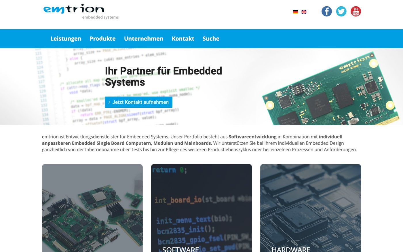 Alte Startseite von emtrion auf Contao: blaue Menüleiste, Überschrift Ihr Partner für Embedded Systems und Kacheln für Produkte, Software Entwicklung und Hardware Entwicklung