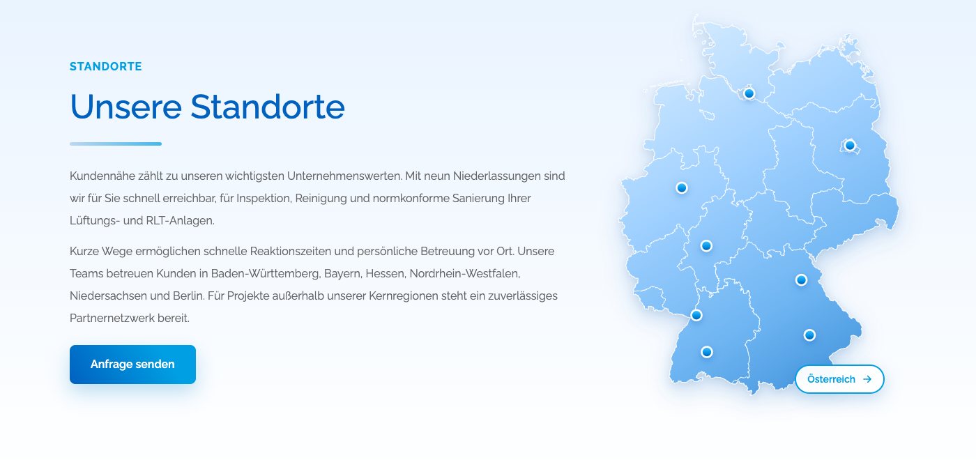 Standortseite von IGIENAIR: links der Text Unsere Standorte, rechts eine Deutschlandkarte mit acht Punkten und einem Knopf Österreich