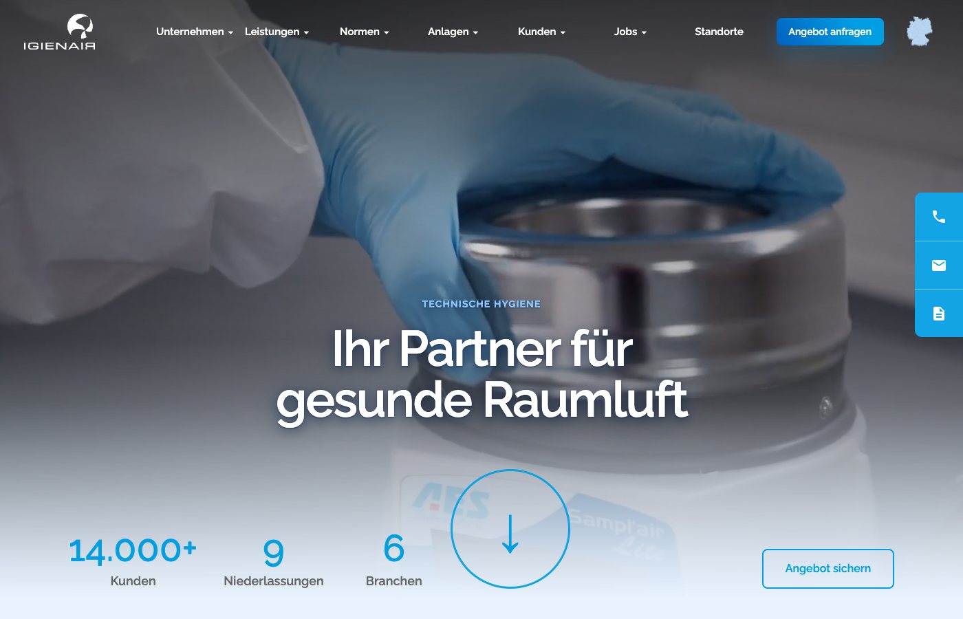 Neue Startseite von IGIENAIR: Kopf mit Film und der Überschrift Ihr Partner für gesunde Raumluft, darunter die Eckdaten Kunden, Niederlassungen und Branchen