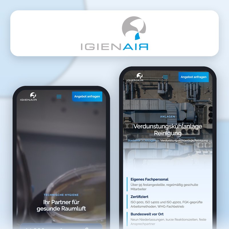 Logo von IGIENAIR über zwei Handyansichten der neuen Website: links die Startseite mit „Ihr Partner für gesunde Raumluft“, rechts die Fachseite zur Reinigung von Verdunstungskühlanlagen