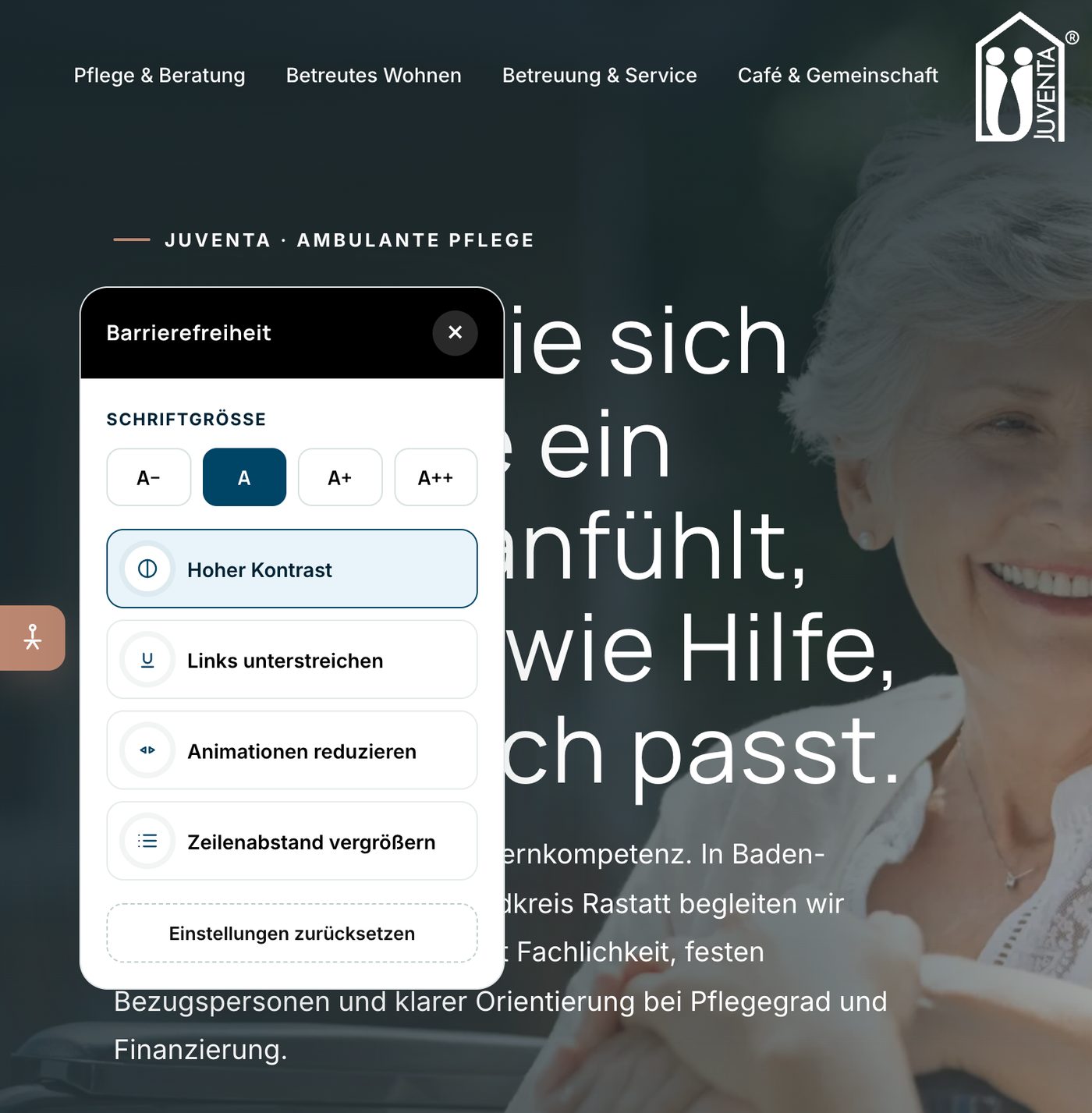 Geöffnetes Fenster Barrierefreiheit mit vier Schriftgrößen, hohem Kontrast, unterstrichenen Links, weniger Animationen und größerem Zeilenabstand
