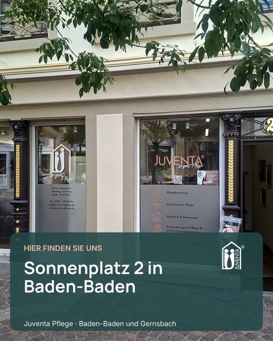 Beitrag „Hier finden Sie uns, Sonnenplatz 2 in Baden-Baden“ auf einem Foto der Ladenfront von Juventa