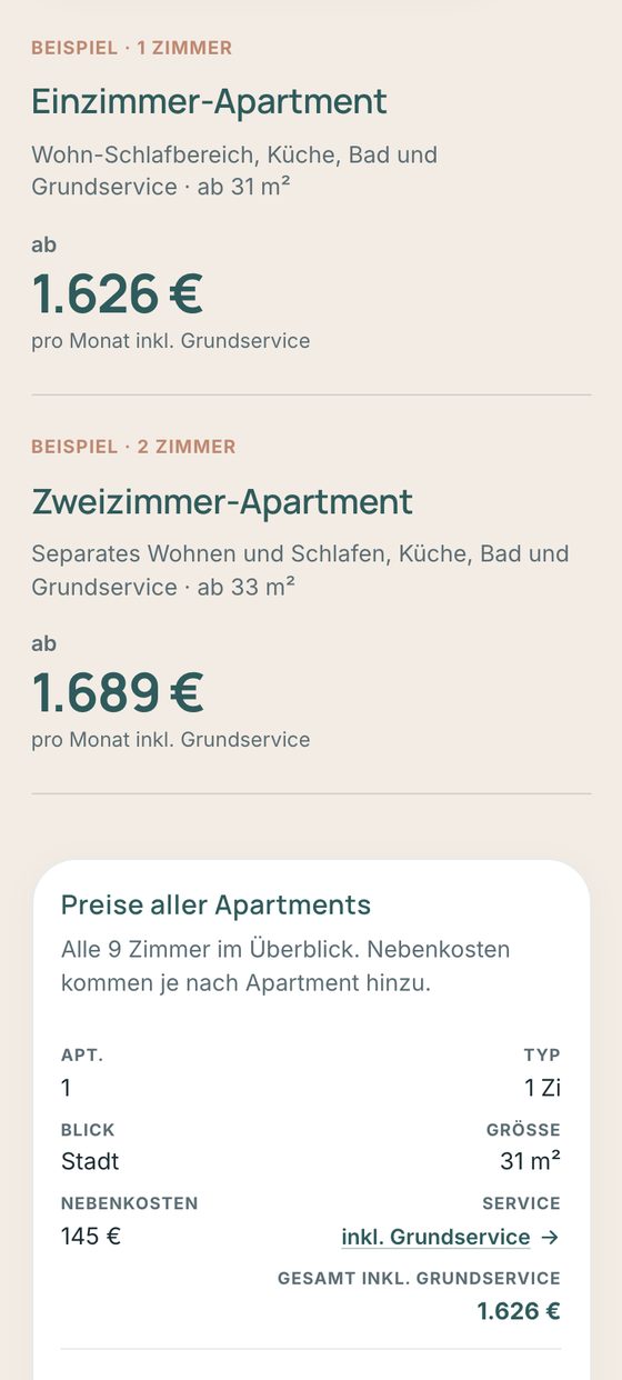 Preisübersicht am Handy, die Tabelle erscheint als Karte je Apartment