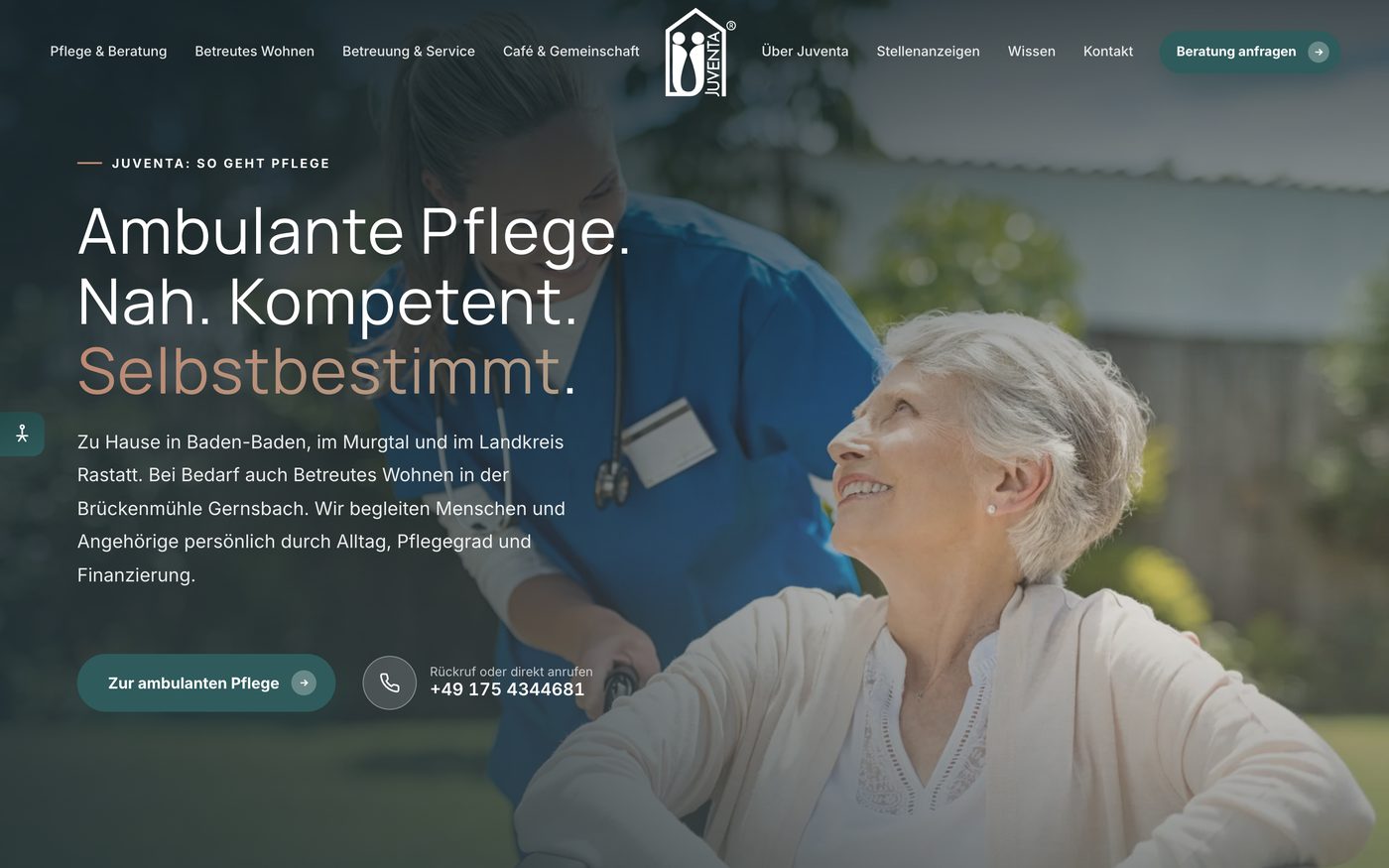 Startseite von Juventa Pflege heute am Rechner: Ambulante Pflege. Nah. Kompetent. Selbstbestimmt.