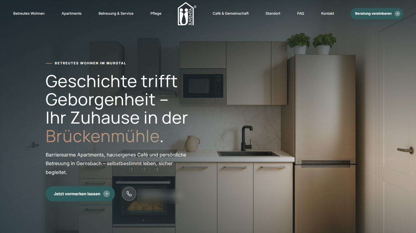 Erster Entwurf der Startseite, er beginnt mit dem betreuten Wohnen in der Brückenmühle