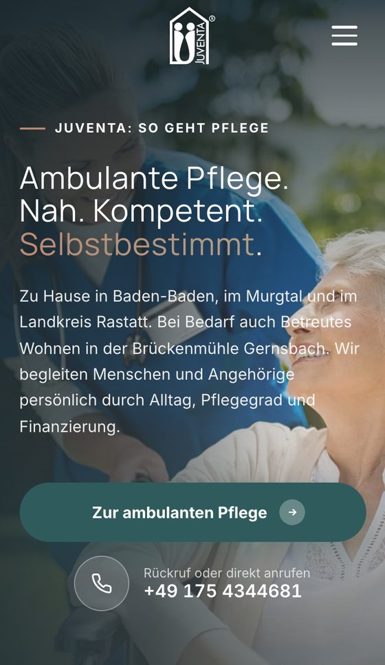 Startseite am Handy mit dem Knopf zur ambulanten Pflege und der Telefonnummer darunter