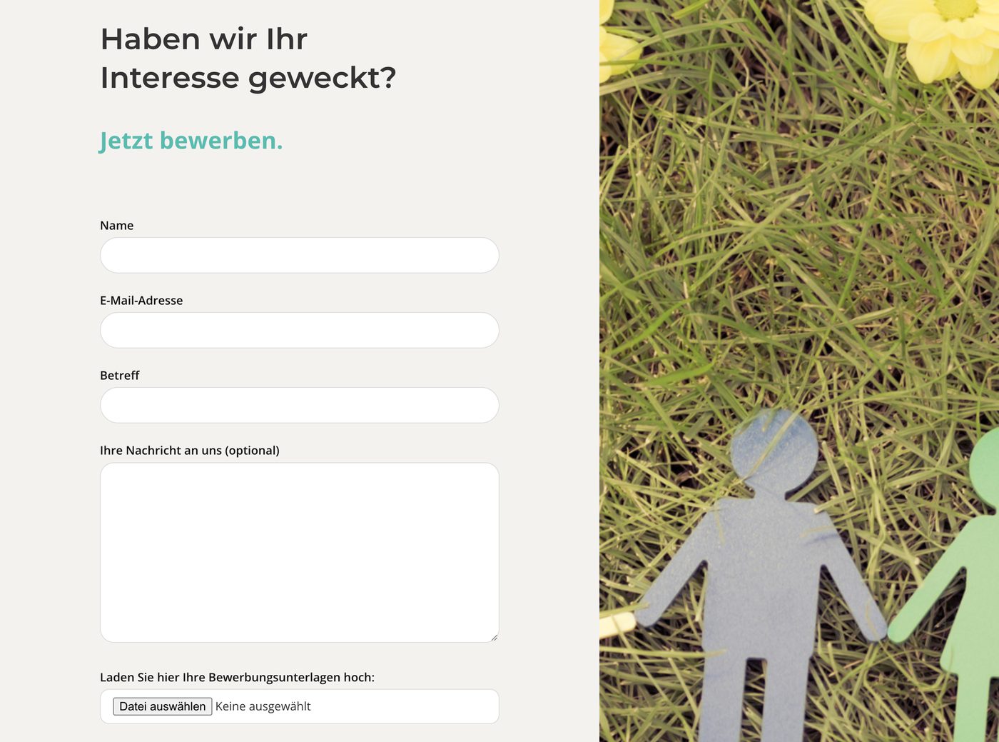 Bewerbungsformular auf der Karriereseite von KarLa heute mit Feldern für Name, E-Mail, Betreff, Nachricht und Upload der Unterlagen