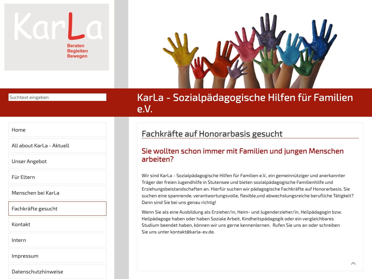 Alte Karriereseite von KarLa: Text „Fachkräfte auf Honorarbasis gesucht“, am Ende die Bitte um Anruf oder Mail