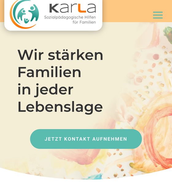 Startseite von KarLa am Handy mit Menüknopf und Kontaktknopf unter der Überschrift