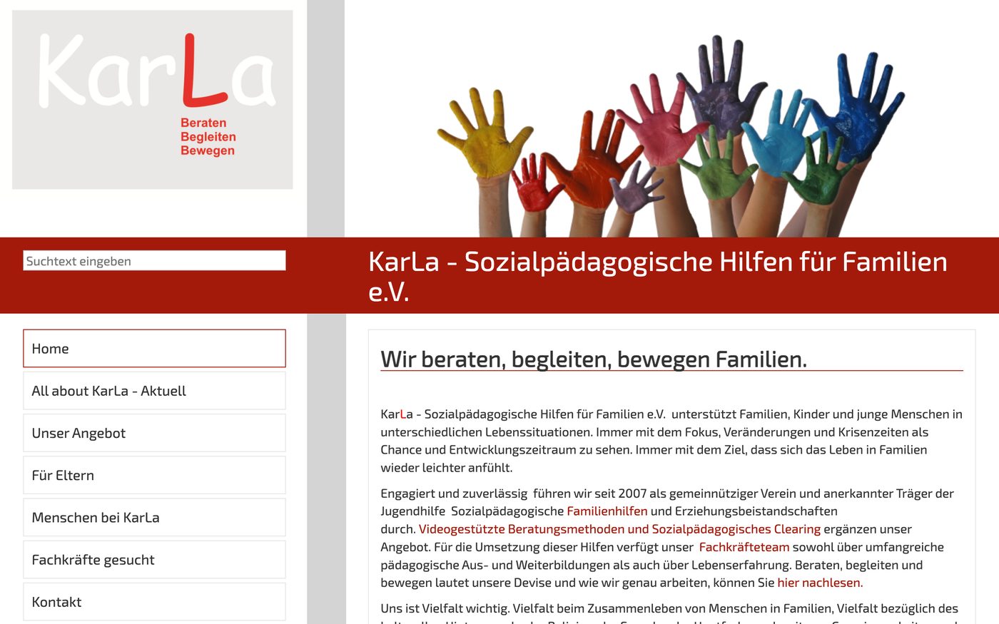 Alte Startseite von KarLa: Logo auf grauem Grund, roter Balken und Menü als Spalte links