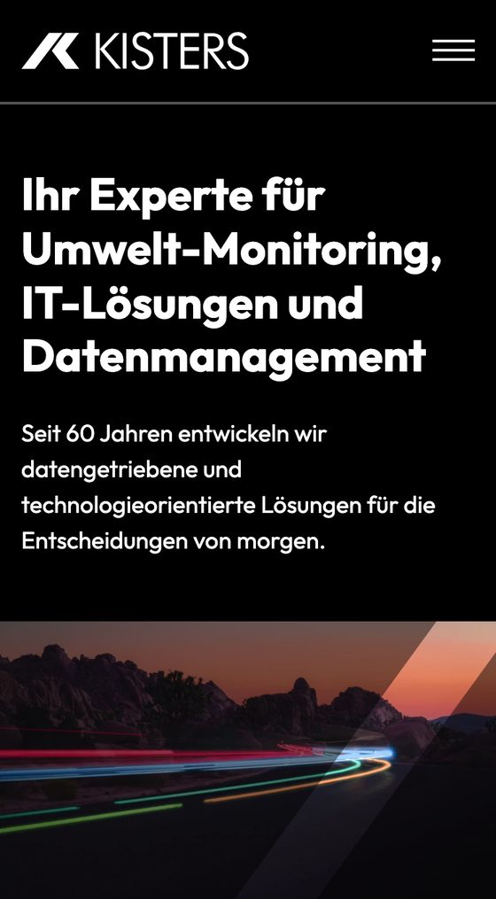 Startseite von KISTERS am Handy mit Logo, Menüknopf und Überschrift