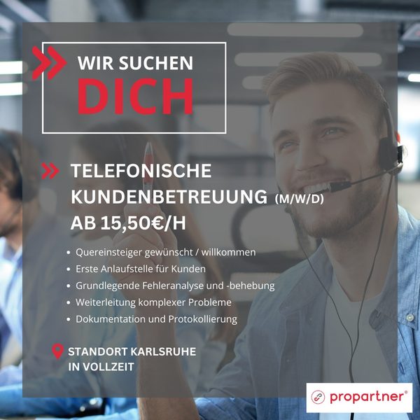 Anzeigengrafik: telefonische Kundenbetreuung (m/w/d) ab 15,50 € pro Stunde, Standort Karlsruhe, Quereinsteiger willkommen