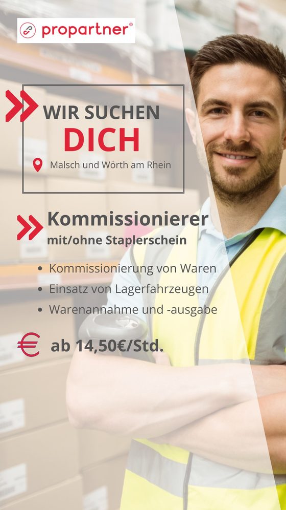 Anzeigengrafik im Hochformat: Kommissionierer mit oder ohne Staplerschein in Malsch und Wörth am Rhein, ab 14,50 € pro Stunde