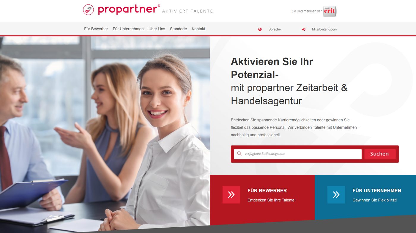 Entwurf der Startseite, Fassung 1: Foto, Suchfeld und zwei Wege für Bewerber und Unternehmen