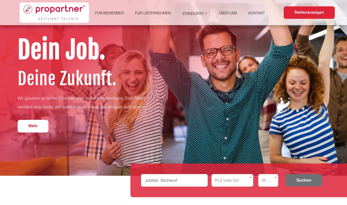 Startseite von Propartner heute: „Dein Job. Deine Zukunft.“ mit Stellensuche nach Jobtitel, Ort und Umkreis