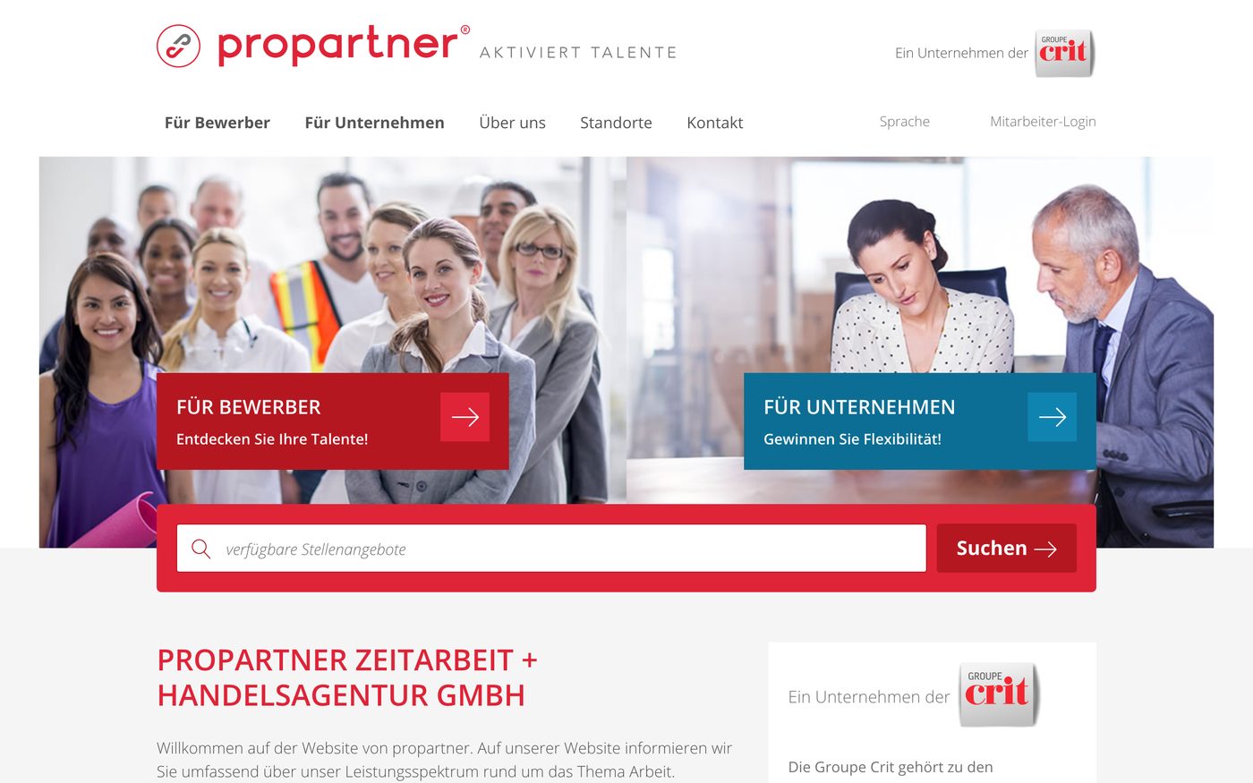 Alte Startseite von Propartner: Kacheln für Bewerber und Unternehmen in der Sie-Form und ein einzelnes Suchfeld
