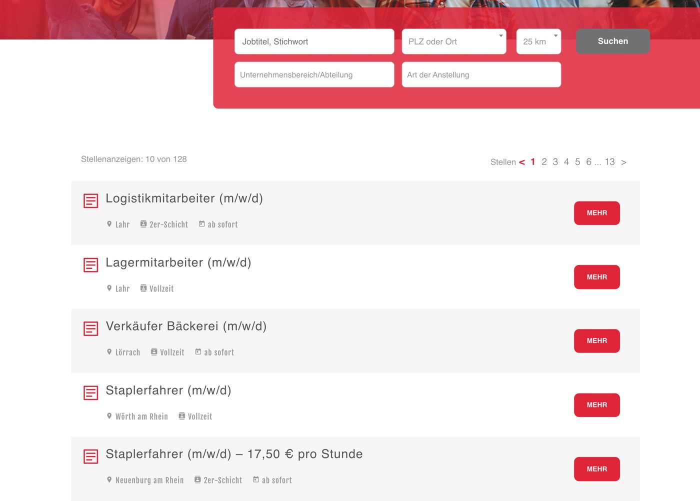 Stellenmarkt auf propartner.net mit Suche nach Jobtitel, Ort und Umkreis, zwei Filtern und dem Zähler 10 von 128 Stellenanzeigen