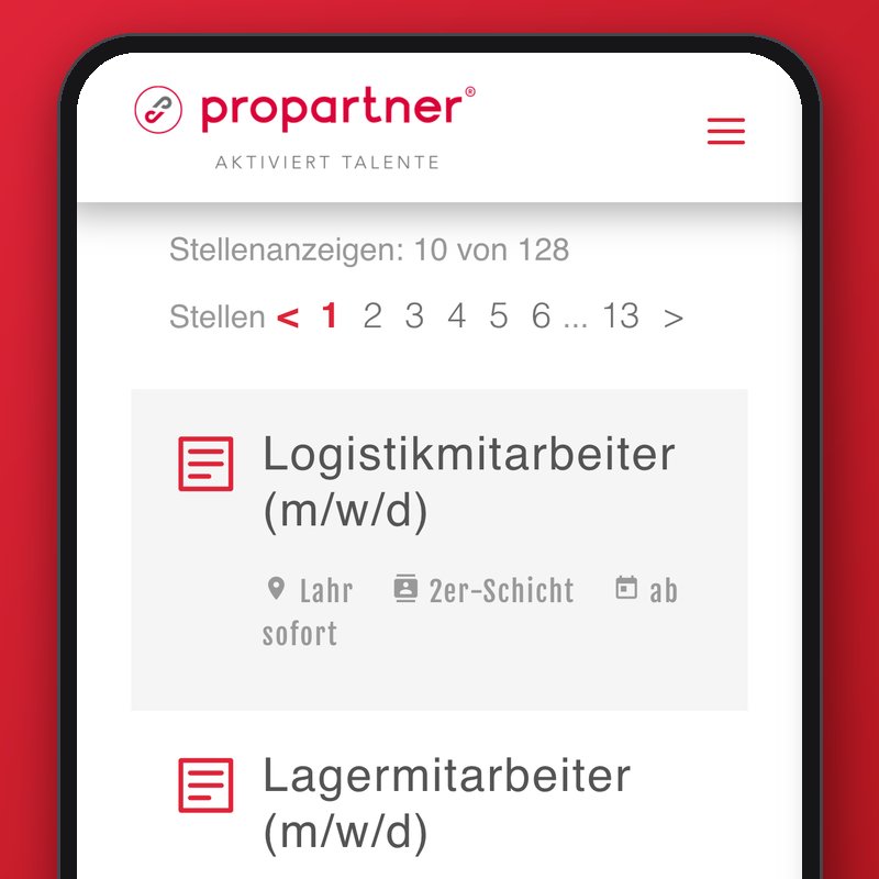 Der Stellenmarkt von Propartner am Handy: oben das Logo, darunter der Zähler „Stellenanzeigen: 10 von 128“ und die ersten Stellen mit Ort und Arbeitszeit