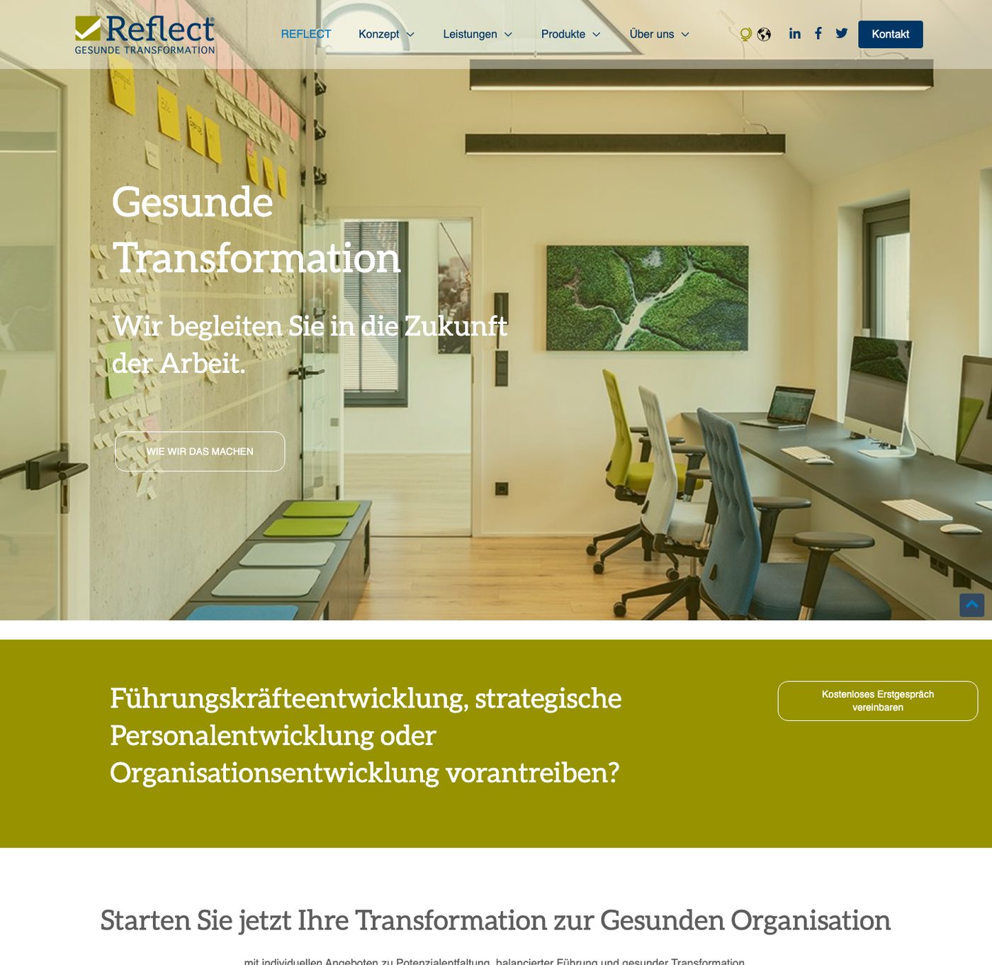 Startseite von REFLECT nach dem Relaunch 2023: Büro mit Arbeitsplätzen, Überschrift Gesunde Transformation und ein grüner Balken mit Knopf zum Erstgespräch