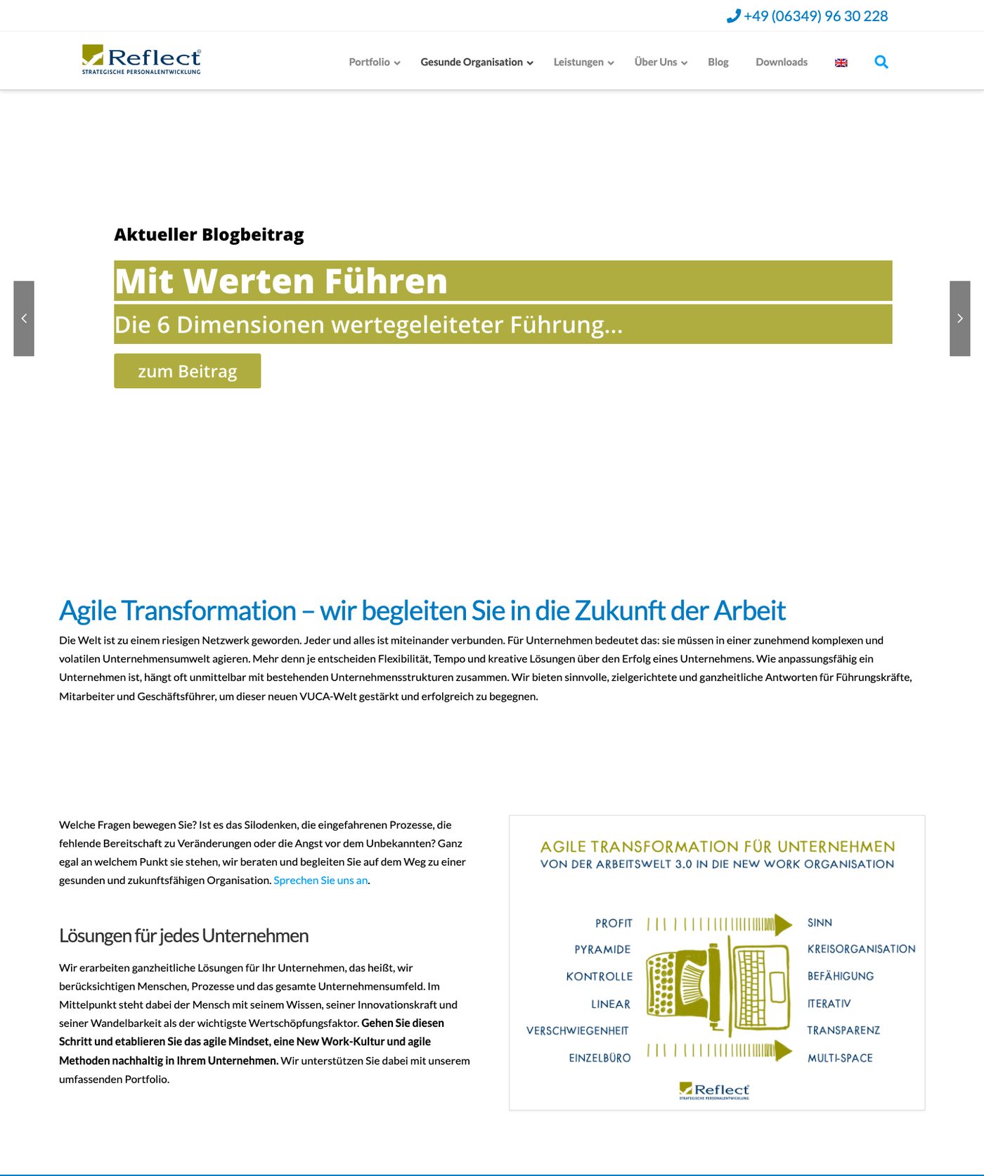 Startseite von REFLECT Anfang 2023: Logo mit dem Zusatz Strategische Personalentwicklung, Menü und ein Blogbeitrag im Kopfbereich